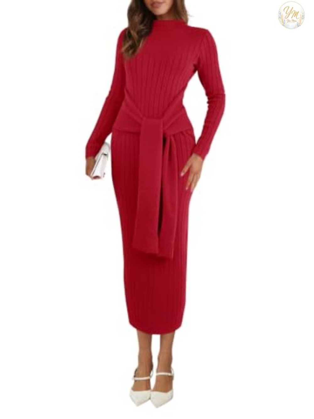Women's Ribbed Knit Midi Sweater Dress Bodycon Mock Neck Tie Waist Long Sleeve